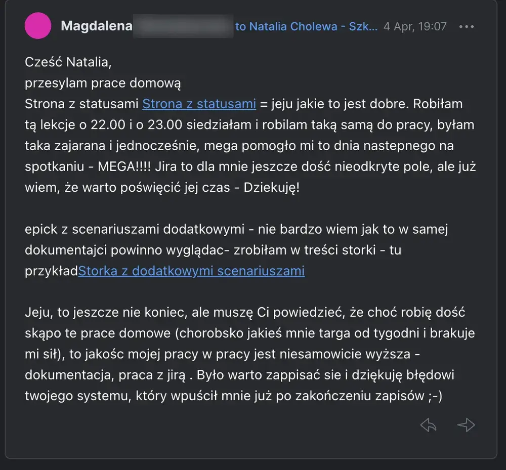 Opinia (wiadomość) — Absolwentka Szkoły Product Ownera
