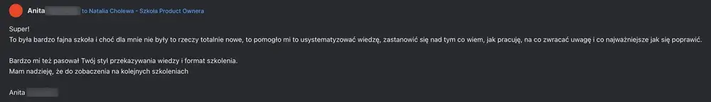 Opinia (wiadomość) — Absolwentka Szkoły Product Ownera