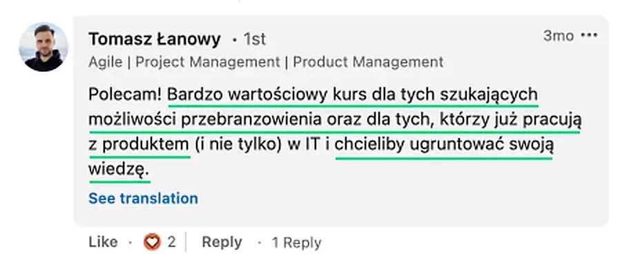 Opinia (LinkedIn) — Tomasz Łanowy, Agile | Project Management | Product Management