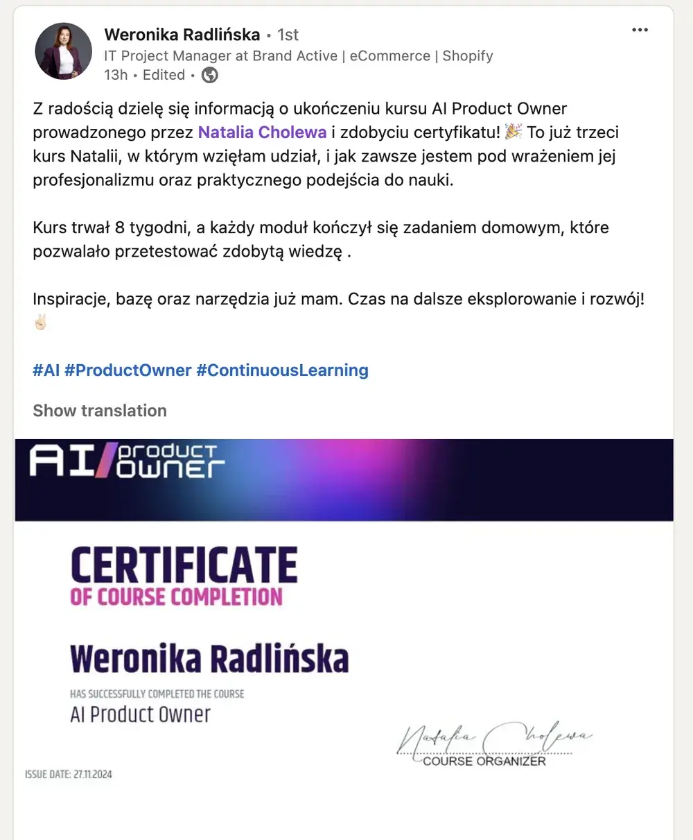 Opinia (LinkedIn) — Weronika Radlińska, IT Project Manager at Brand Active | eCommerce | Shopify